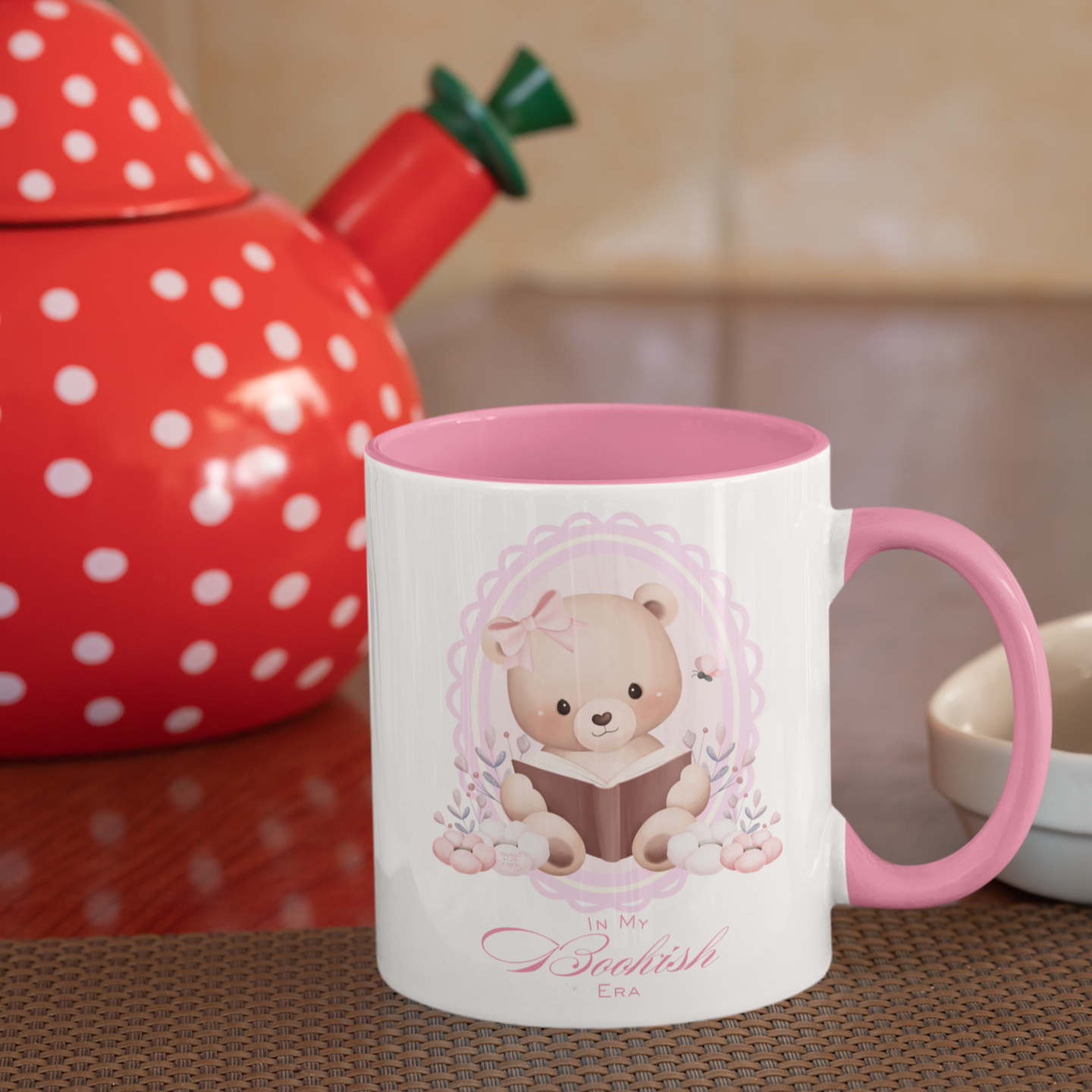 white and pink bookish mug with bear
