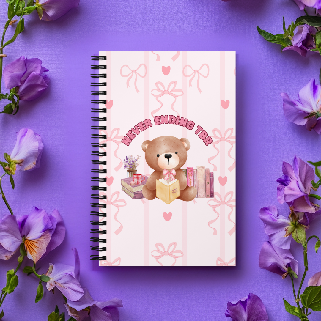 reading journal with never ending tbr text and bear print