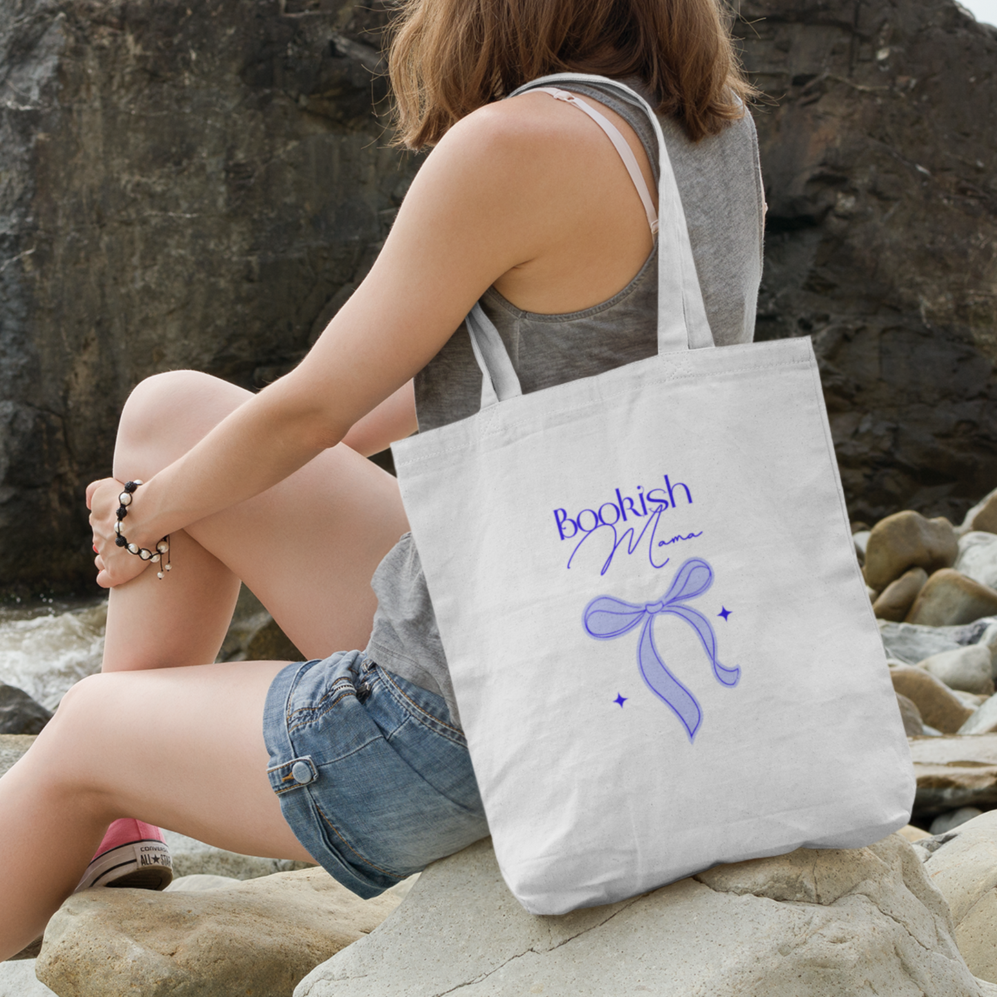 Bookish Mama Blue Ribbon Cotton Tote Bag