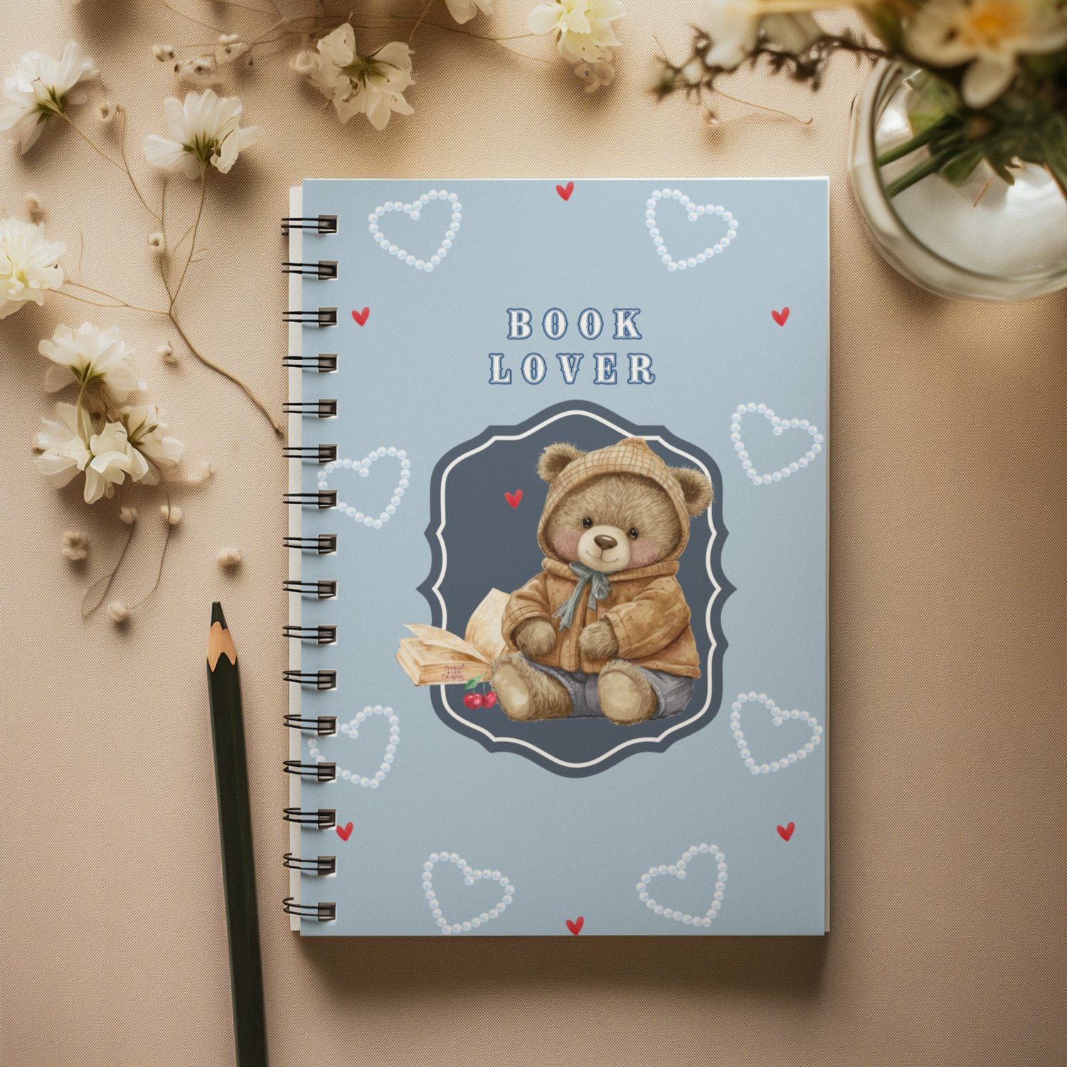 bear on the notebook cover with the text book lover above, book lover notebook