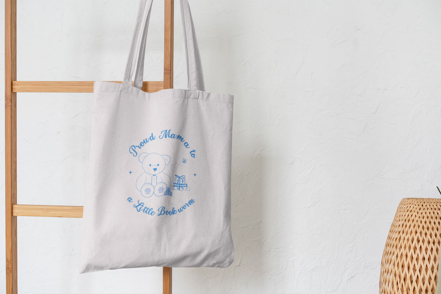 Proud Mama to a Little Bookworm Blue Cotton Bookish Tote Bag