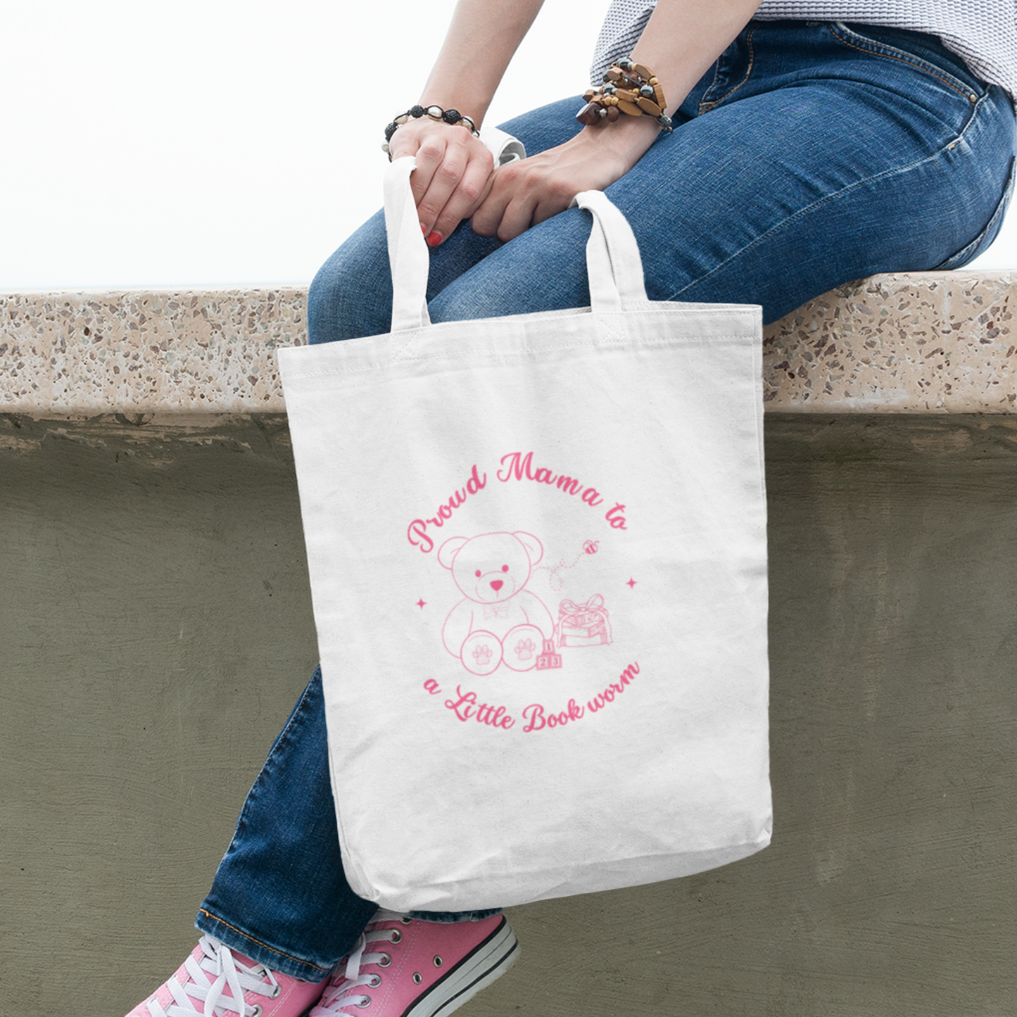 Proud Mama to a Little Bookworm Pink Cotton Bookish Tote Bag
