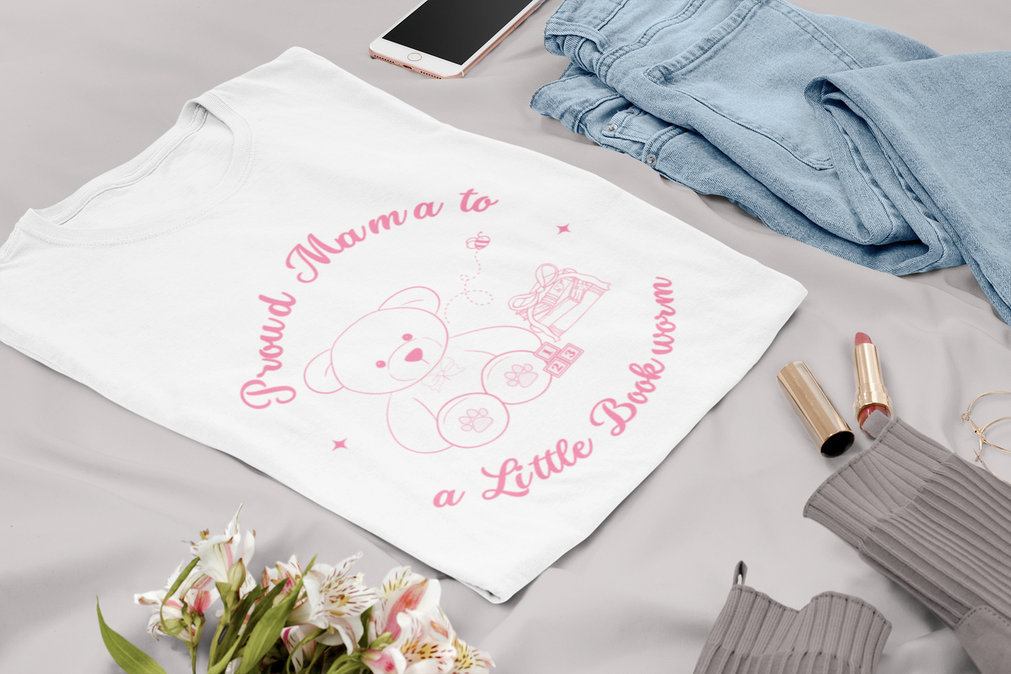 Proud Mama to a Little Bookworm Pink Bear Tee