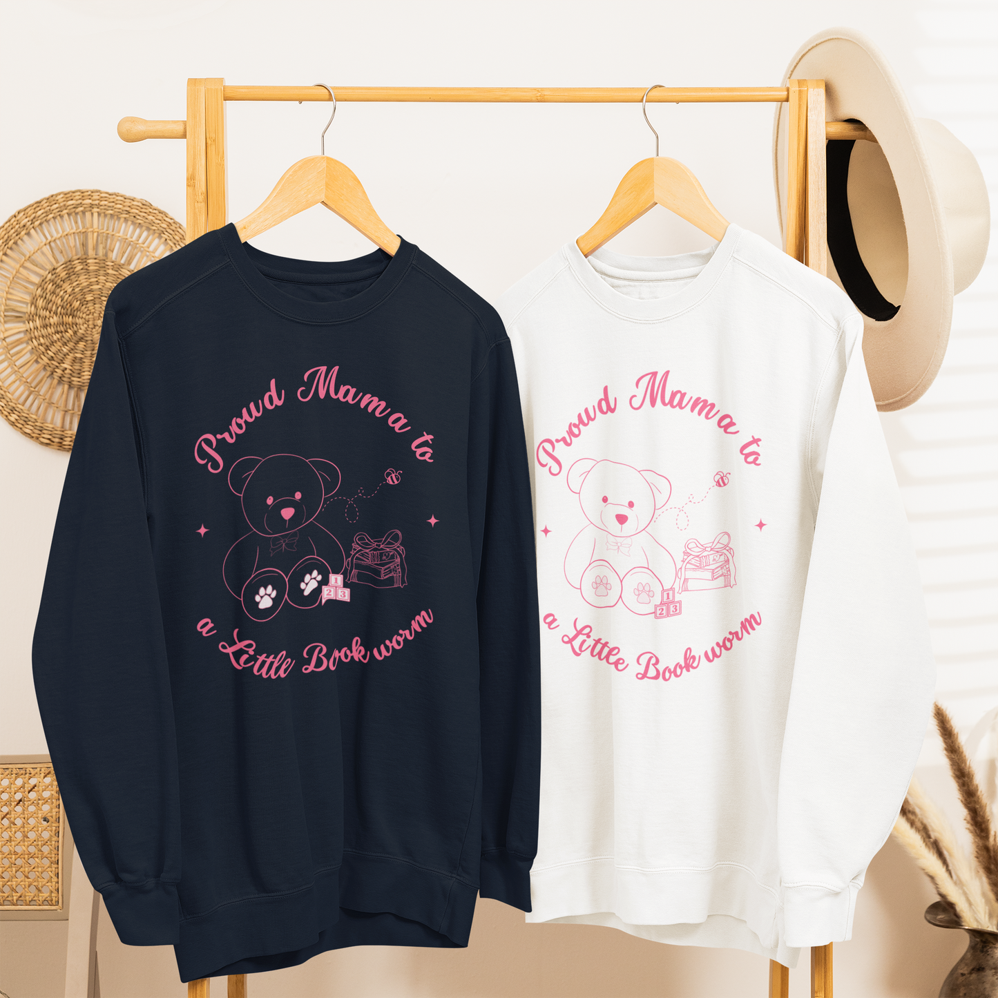 Proud Mama to a Little Bookworm Pink Bear Sweatshirt