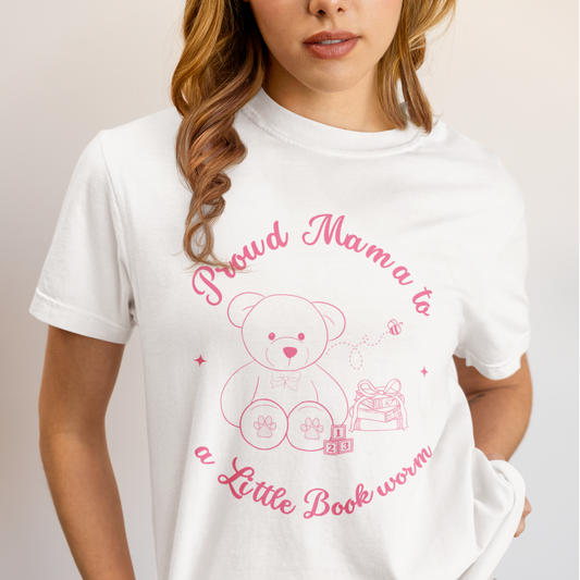 Proud Mama to a Little Bookworm Pink Bear Tee