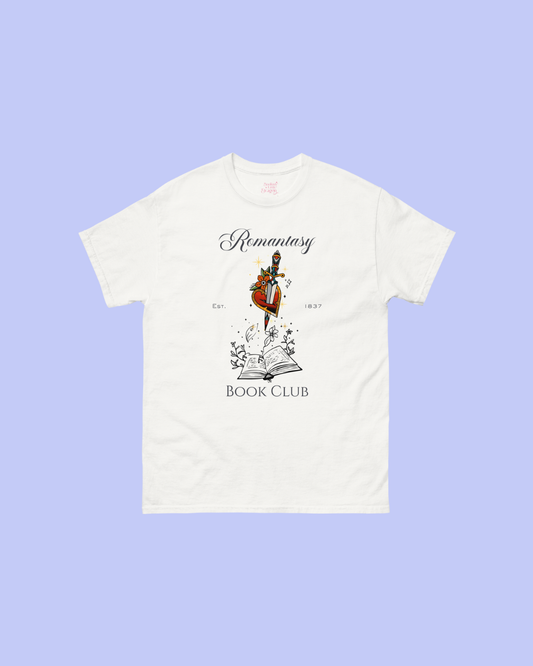 White t-shirt with 'Romantasy Book Club' design 